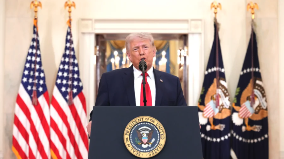 President Donald Trump speaks about the Iran war from the Cross Hall of the White House on April 1, 2026. (Alex Brandon/Pool via Getty Images)