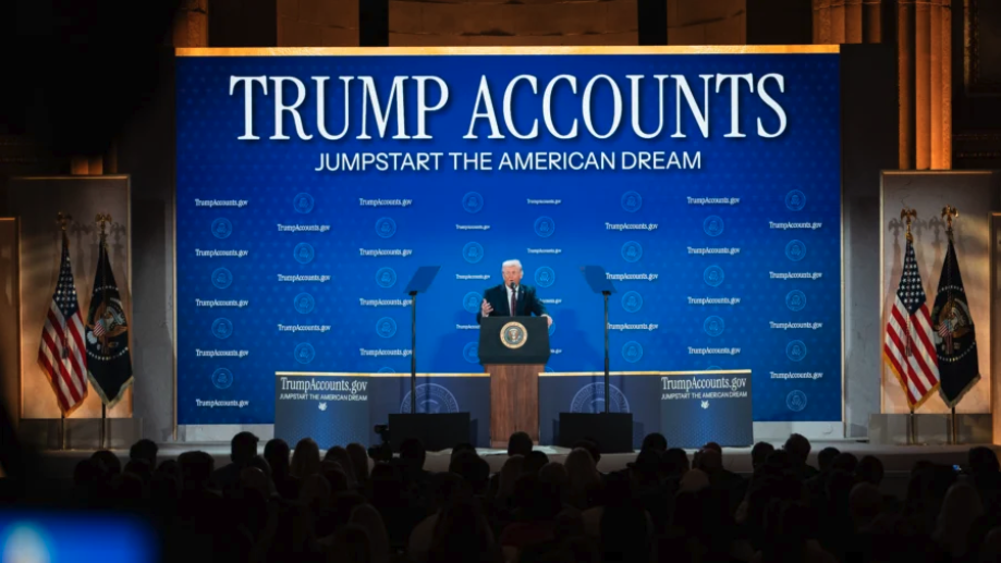 President Donald Trump speaks during the Trump Accounts summit at the Andrew W. Mellon Auditorium in Washington on Jan. 28, 2026. (Madalina Kilroy/The Epoch Times)