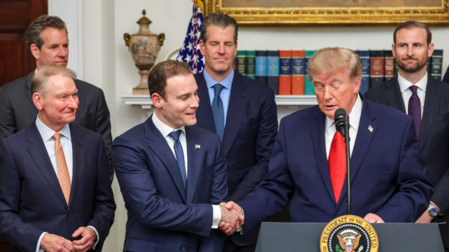 President Donald Trump shakes hands with Commodity Futures Trading Commission (CFTC) Chairman Michael Selig during a summit of crypto and technology leaders in the Roosevelt Room of the White House in Washington, on August 19, 2026. (Alex Wong/Getty Images)