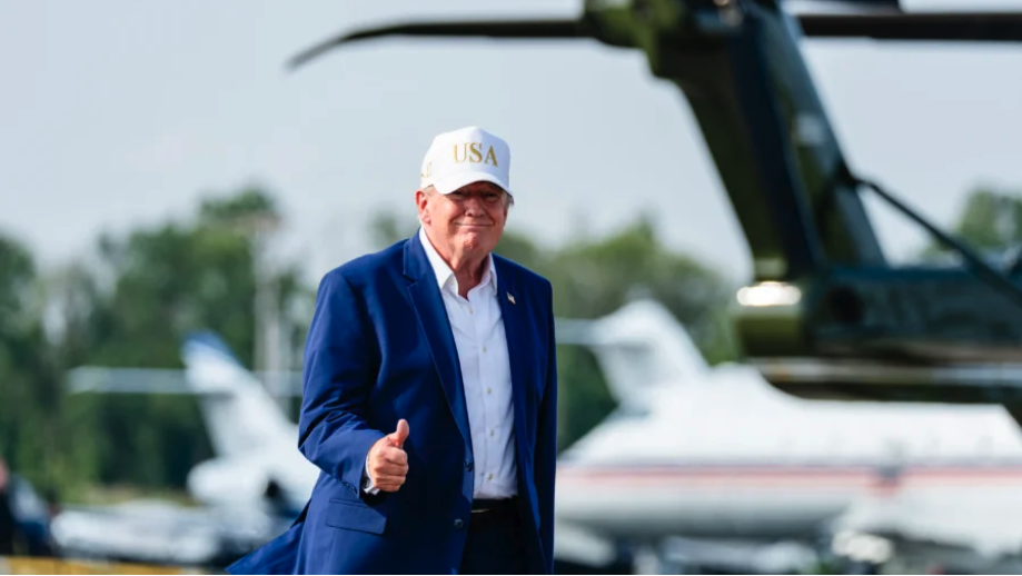 President Donald Trump gestures as he boards Air Force One at Morristown Airport in Morristown, N.J. on Aug. 9, 2026. (Eric Lee/Getty Images)
